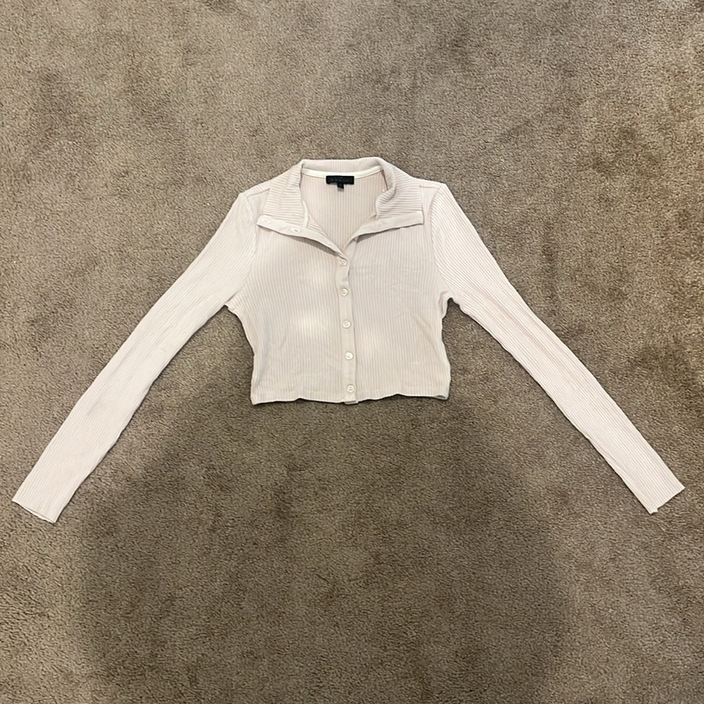 Cropped Button Down Turtleneck in Limestone - image 4